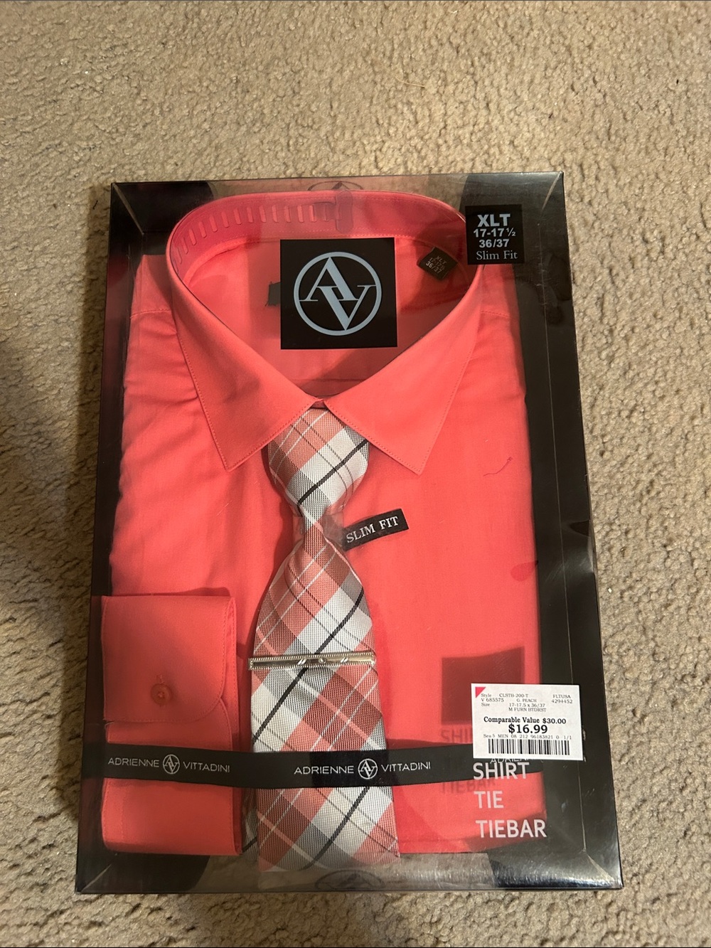 Adrienne Vittadini Coral Dress Shirt and Plaid Tie Set
